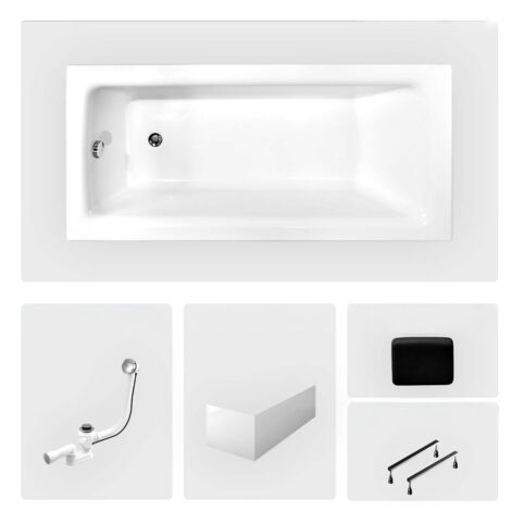 Bañera rectangular - 170 x 75 cm - con faldón blanco - patas - asideros - reposacabezas - desagüe cromado - TALIA PREMIUM
