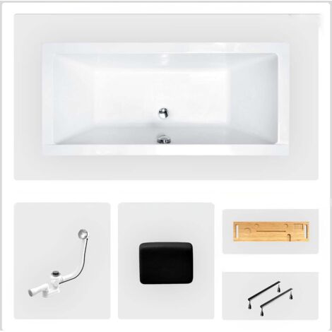 Bañera rectangular - 190 x 90 cm - sin mueble - con patas - repisa de bambú - desagüe cromado - QUADRO