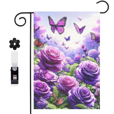 Bannière de cour ambiance féerique et roses violettes 30 x 45 cm décoration maison de campagne