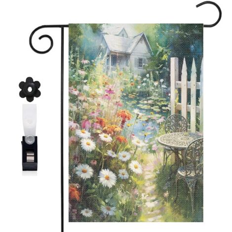 Bannière de cour clôture en bois et fleurs violettes 30 x 45 cm décoration extérieure et intérieure