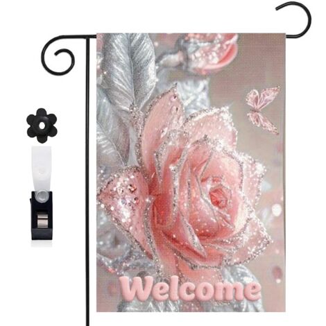 Bannière de cour feuilles argentées et rose rose 30 x 45 cm décoration porche et maison