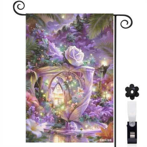 Bannière de cour fleurs tropicales et maison de fée 30 x 45 cm décoration extérieure et intérieure