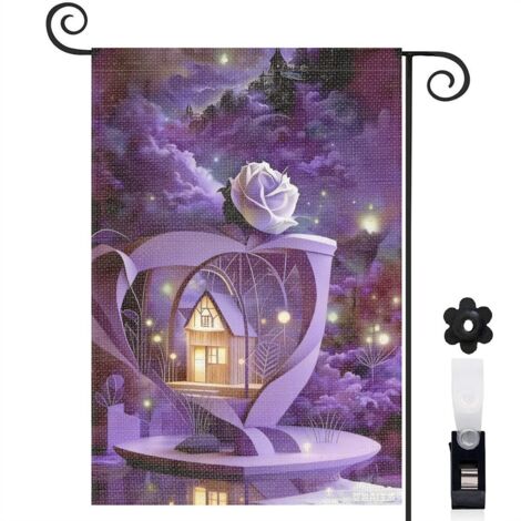 Bannière de cour fleurs violettes et château magique 30 x 45 cm décoration maison de campagne