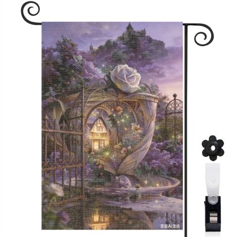 Bannière de cour maison de fée et fleurs violettes 30 x 45 cm décoration porche