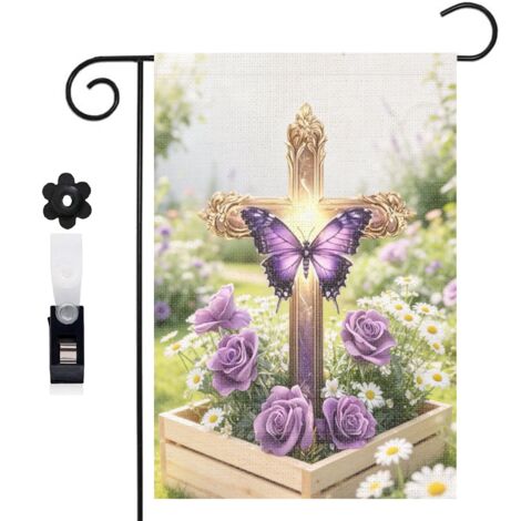 Bannière de cour papillon violet et croix dorée 30 x 45 cm décoration extérieure et intérieure