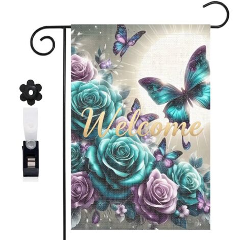 Bannière de cour papillons morpho et roses violettes 30 x 45 cm décoration maison de campagne