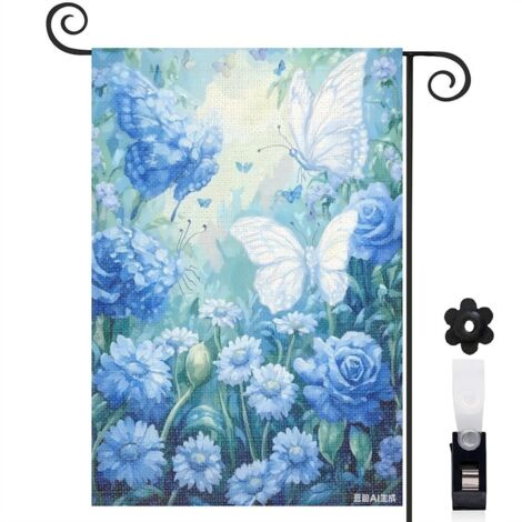 Bannière de cour papillons violets et fleurs blanches 30 x 45 cm décoration terrasse et balcon
