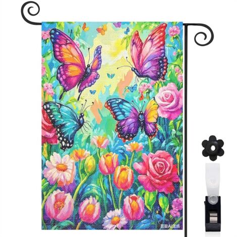 Bannière de cour papillons violets et pensées 30 x 45 cm décoration maison de campagne