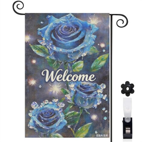 Bannière de cour roses bleues et étincelles lumineuses 30 x 45 cm décoration extérieure et saisonnière