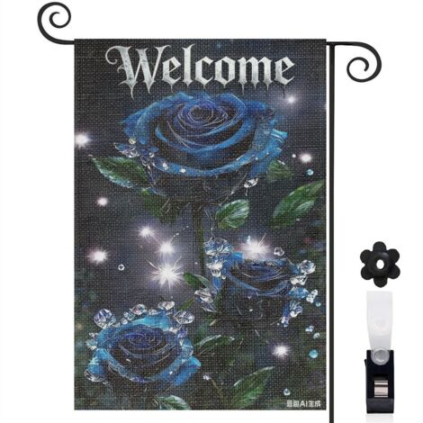 Bannière de cour roses bleues et feuilles vertes 30 x 45 cm décoration porche et extérieur