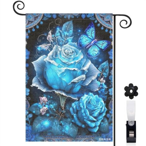 Bannière de cour roses bleues et papillons bleus 30 x 45 cm décoration jardin et terrasse