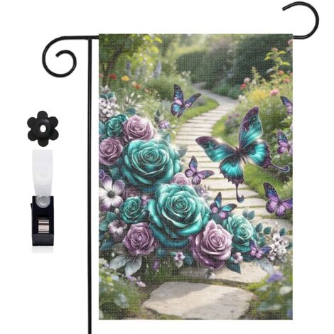 Bannière de cour roses turquoise et feuilles argentées 30 x 45 cm décoration porche et maison