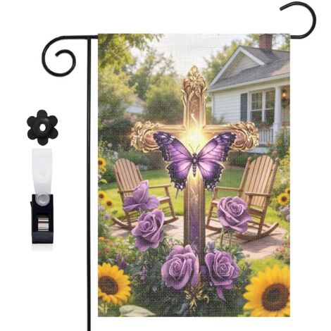 Bannière de cour roses violettes et croix lumineuse 30 x 45 cm décoration porche et maison