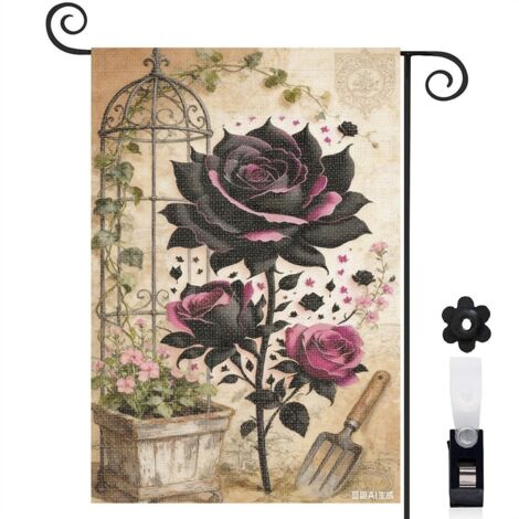 Bannière de cour tissu vintage et rose noire 30 x 45 cm décoration extérieure et intérieure