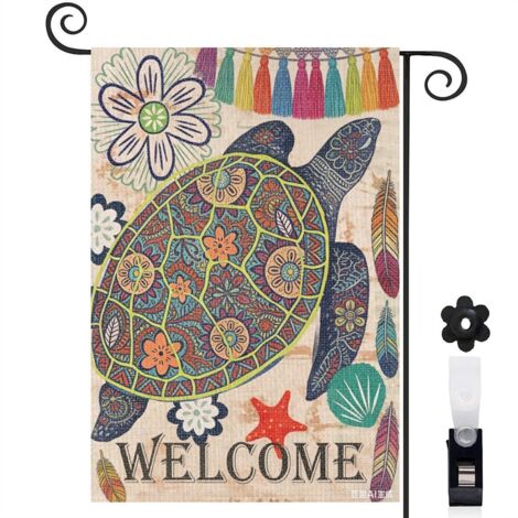 Bannière de cour tortue et fleurs de jardin 30 x 45 cm décoration porche et extérieur
