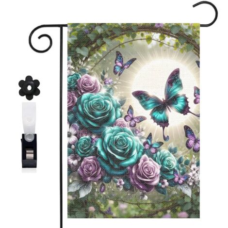 Bannière de cour Welcome et bouquet de fleurs violettes 30 x 45 cm décoration maison de campagne