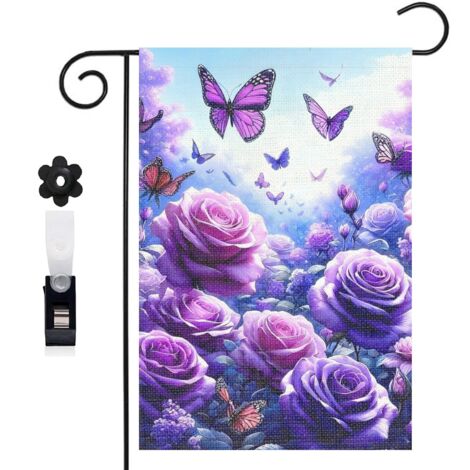 Bannière de cour Welcome et champ de roses violettes 30 x 45 cm décoration porche et maison