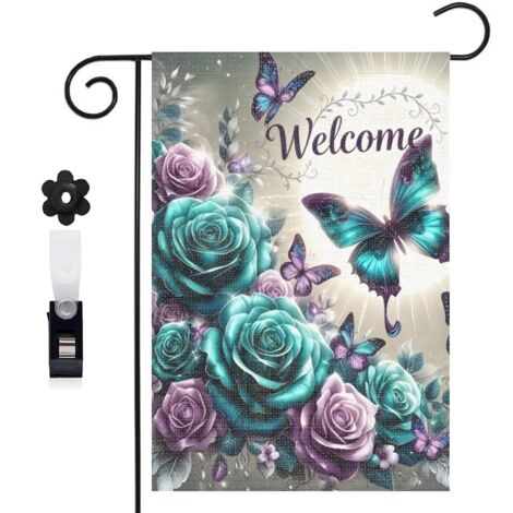 Bannière de cour Welcome et papillons bleus violets 30 x 45 cm décoration porche et maison