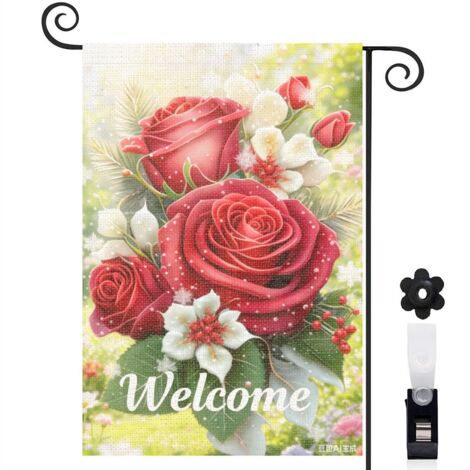 Bannière de cour Welcome et roses rouges luxueuses 30 x 45 cm décoration jardin et terrasse