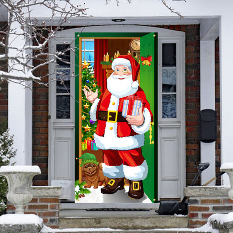 Bannière de porte de noël, décorations extérieures, drapeaux d'extérieur, tissu suspendu décoratif de fond de père noël et de chiot