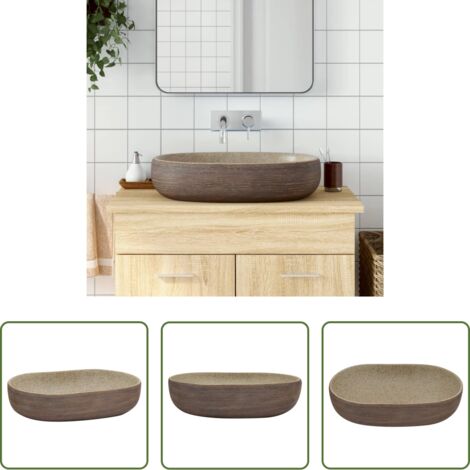 Baño -  Lavabo sobre encimera ovalado cerámica arena marrón 59x40x14 cm