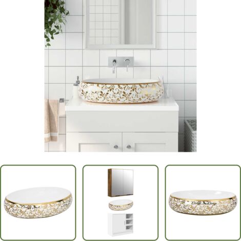 Baño -  Lavabo sobre encimera ovalado cerámica blanco dorado 59x40x15cm