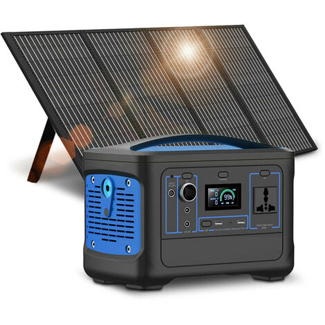 Banque de puissance portable 600 W avec panneau solaire portable 100 W, batterie au lithium de secours 600 W pour camping en plein air, voyage, chasse d'urgence (panneau solaire 100 W + générateur solaire 600 W).