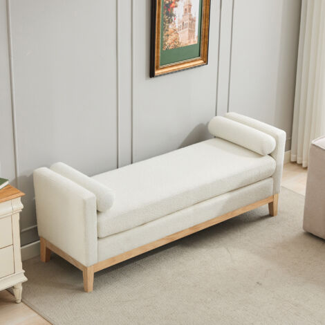 Banqueta acolchada de habitación, con 2 cojines redondos y patas en madera, marfil, en chenilla
