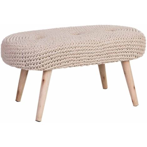Banqueta de madera y algodón trenzada beige 82x43x43h cm