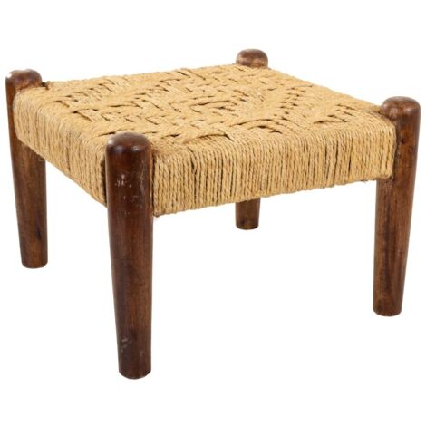 Banqueta de madera y cuerda natural marrón 39x39x27