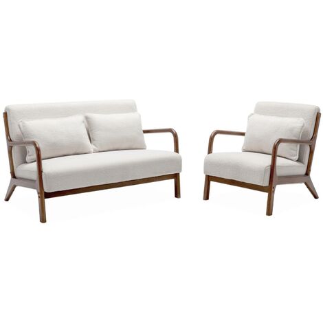 Banquette 2 places + Fauteuil bouclette en bois d'hévéa teinté noyer clair