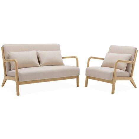 Banquette 2 places + Fauteuil en bois et tissu beige