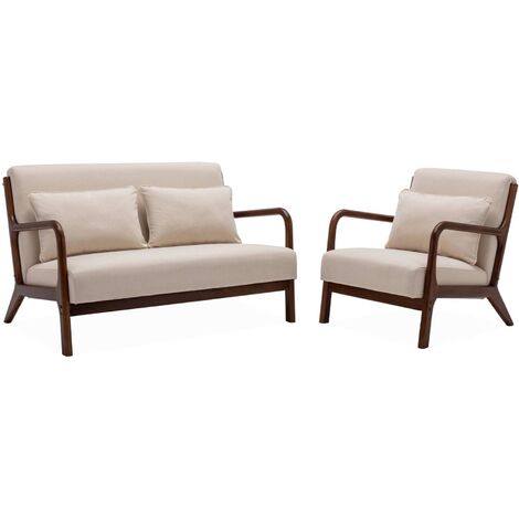 Banquette 2 places + Fauteuil en bois et tissu beige. bois d'hévéa teinté noyer clair