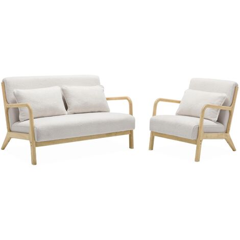 Banquette 2 places + Fauteuil en bois et tissu bouclette