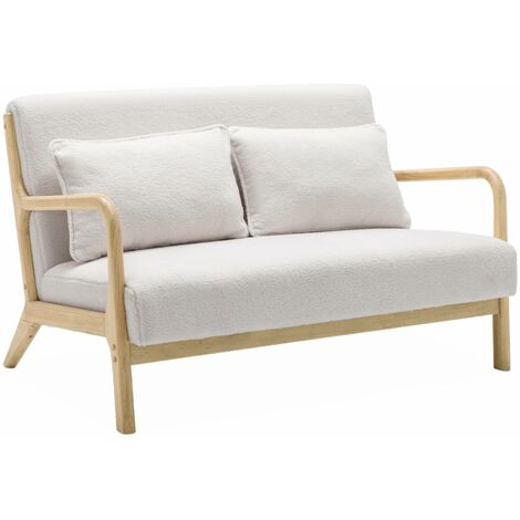 Banquette 2 places scandinave en bois et tissu bouclette. Lorens. L 124 x P 83 x H 77cm