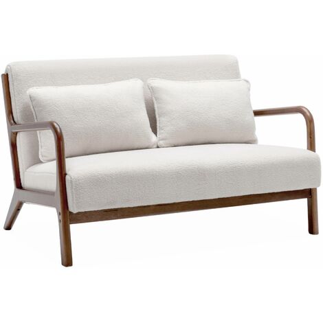 Banquette à bouclettes . pieds bois d'hévéa teinté noyer clair. 2 places droit fixe. pieds compas scandinave