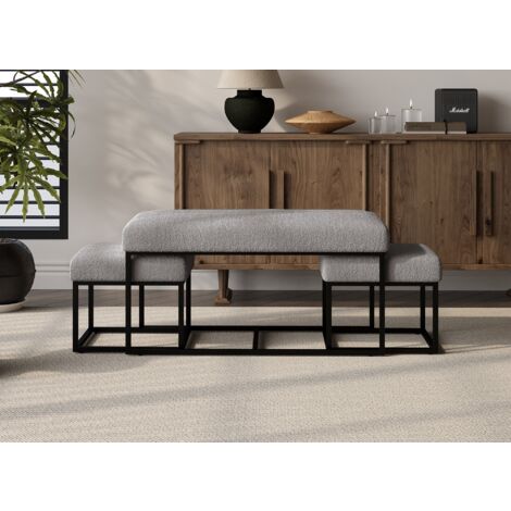 Banquette avec poufs en tissu bouclette gris et pieds en métal