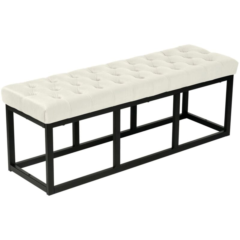 Banquette banc bout de lit longueur 120 cm en velours capitonné en velours crème et métal noir 100003667