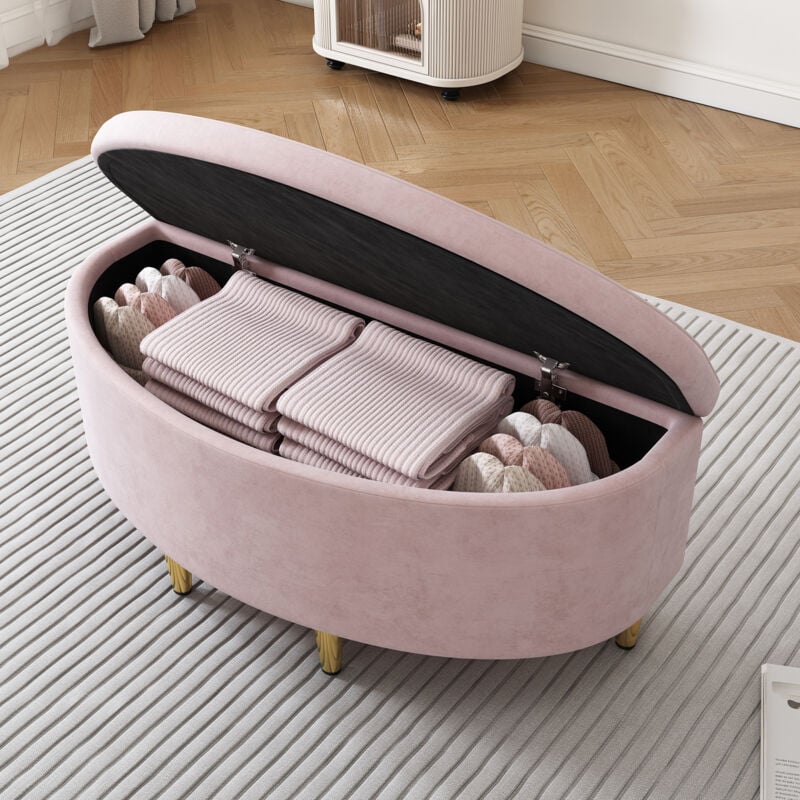 Banc rembourrée, banc de rangement 90x40x42 cm, velours, pieds en métal, convient pour couloir/salon/chambre, rose