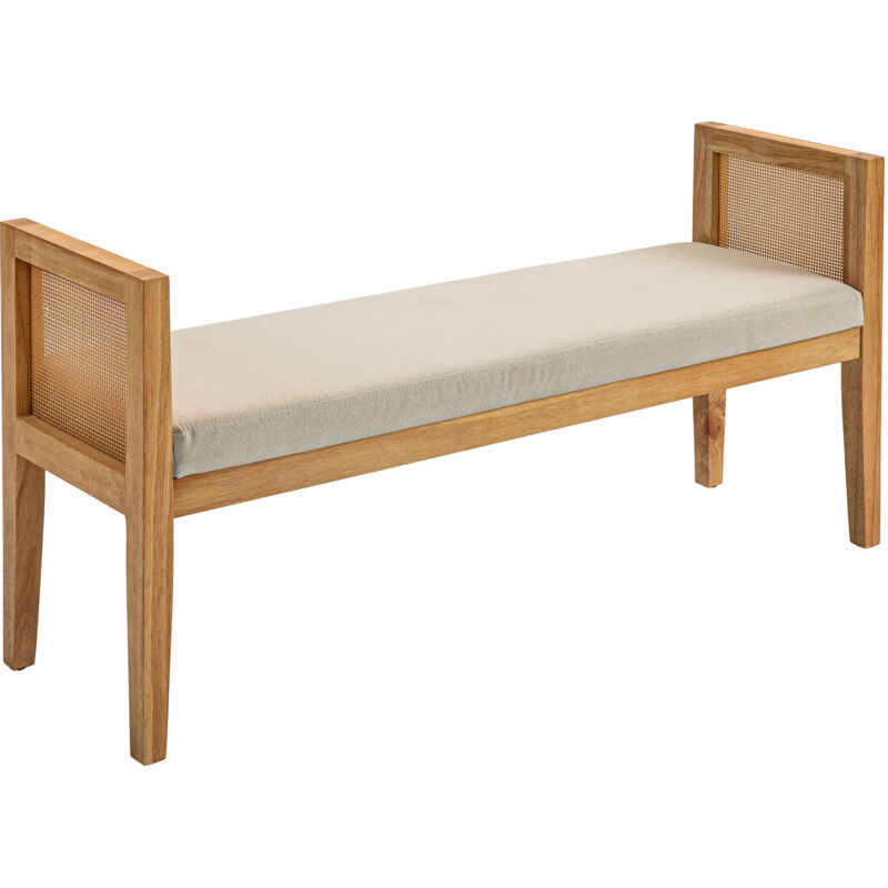 Banquette bout de lit style bohème chic - coussin beige inclus - cannage rotin bois