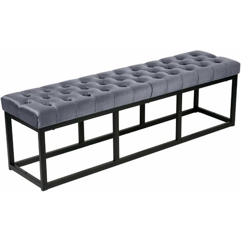 Banquette capitonné bout de lit en tissu velours gris support en métal noir 150 cm BAN10114