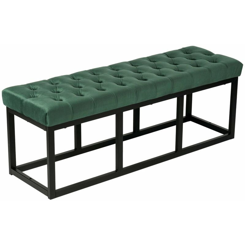 Banquette capitonné bout de lit en tissu velours vert support en métal noir 120 cm BAN10111