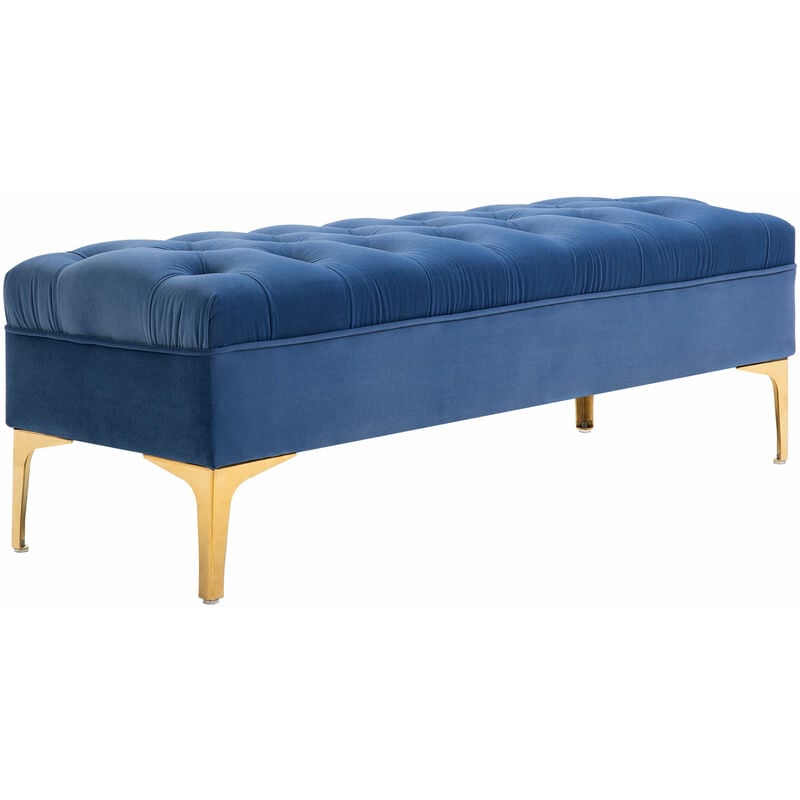 Banc banquette capitonnée style classique chic dim. 118L x 45l x 42H cm piètement métal doré velours bleu roi