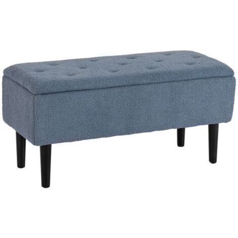 Banquette capitonnée avec coffre de rangement, aspect cachemire, jusqu'à 120 kg, structure en bois naturel, 95 x 38 x 45 cm, bleu