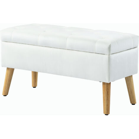 Banquette capitonnée avec espace de rangement, revêtement en tissu aspect velours, pieds en bois, pour salon, chambre, entrée, 80 x 35 x 42 cm, blanche