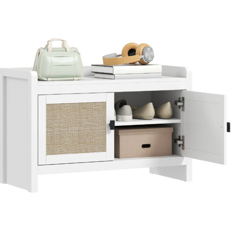 Banquette chaussures blanc/beige, 80x35x52 cm, portes rotin, étagère amovible.