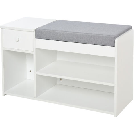 Banquette chaussures coussin tiroir 3 compartiments ouverts 81x31,5x49cm blanche