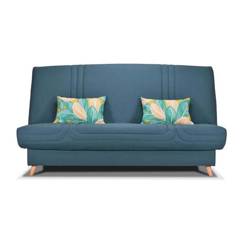 Les Tendances - Banquette clic clac bultex - Tissu Taupe + Coussins deco jungle - L193 x P95 x h