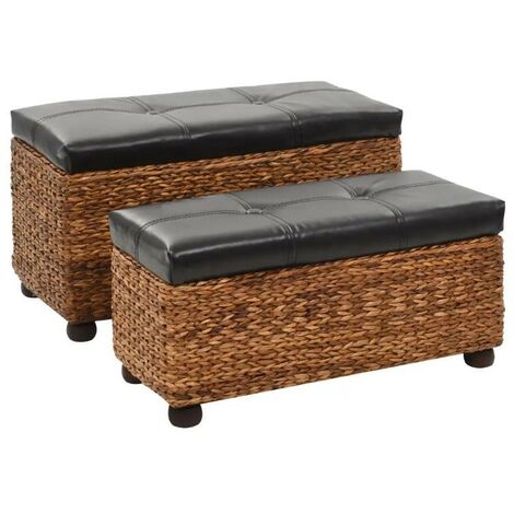 Banquette coffre capitonné jacinthe d'eau et similicuir noir pieds bois massif foncé Kiva - Lot de 2