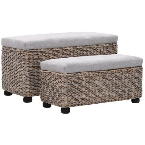 Banquette coffre capitonné jacinthe d'eau et tissu gris pieds bois massif foncé Kiva - Lot de 2